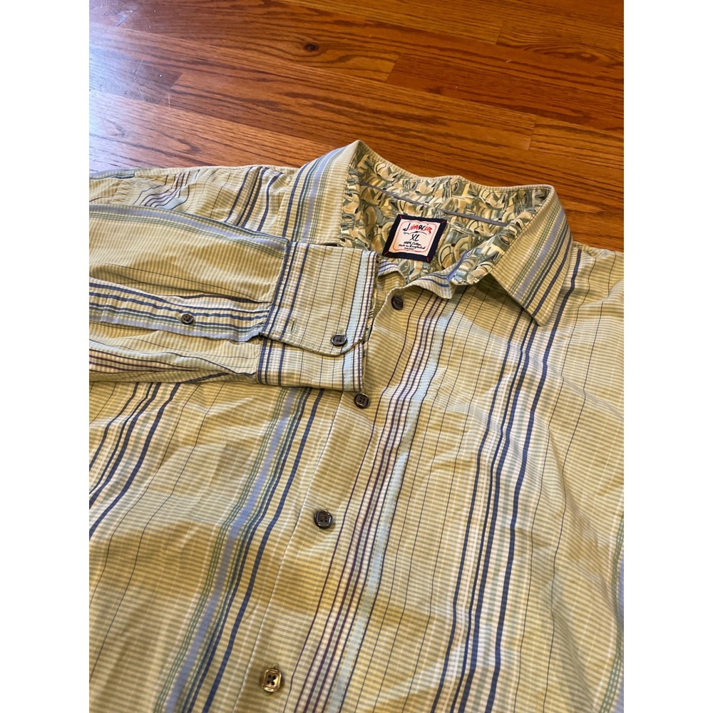 J. Garcia Mens Button Down Shirt XL Green Blue Striped Long Sleeve Button Front